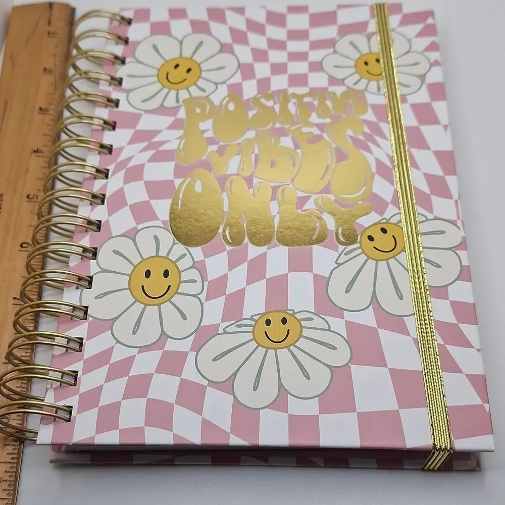 Positive vibes spiral notebook, journal Daisy checkered Ledger lined pages
